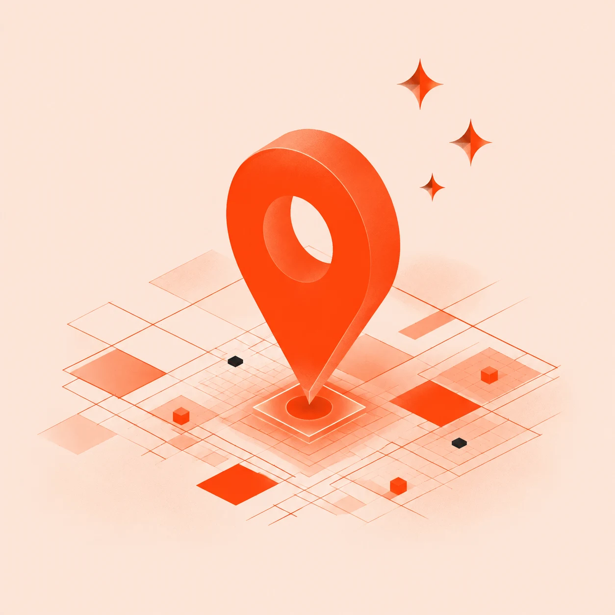 An orange location pin on a geometric street grid with review stars