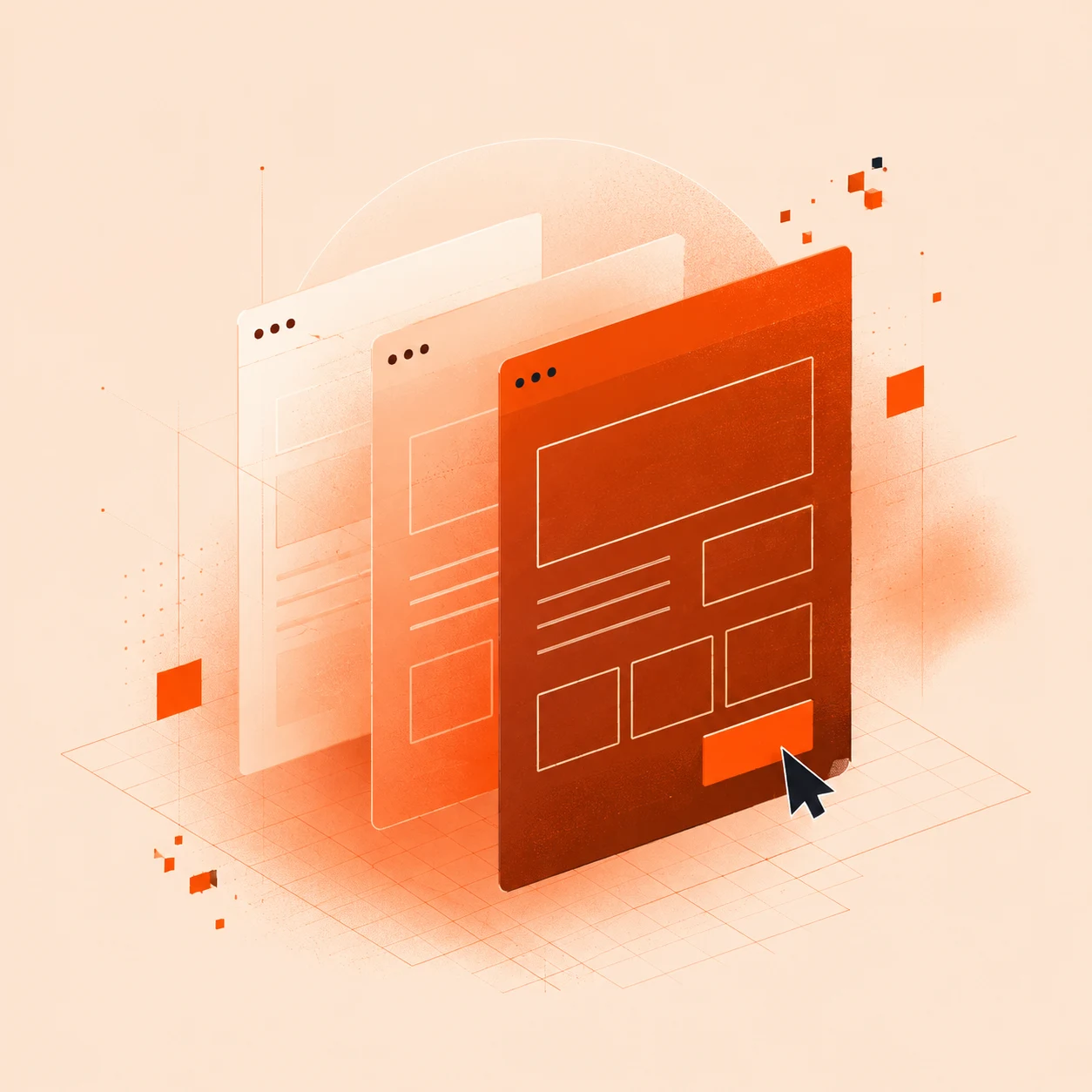 Layered page layouts with a highlighted action and cursor