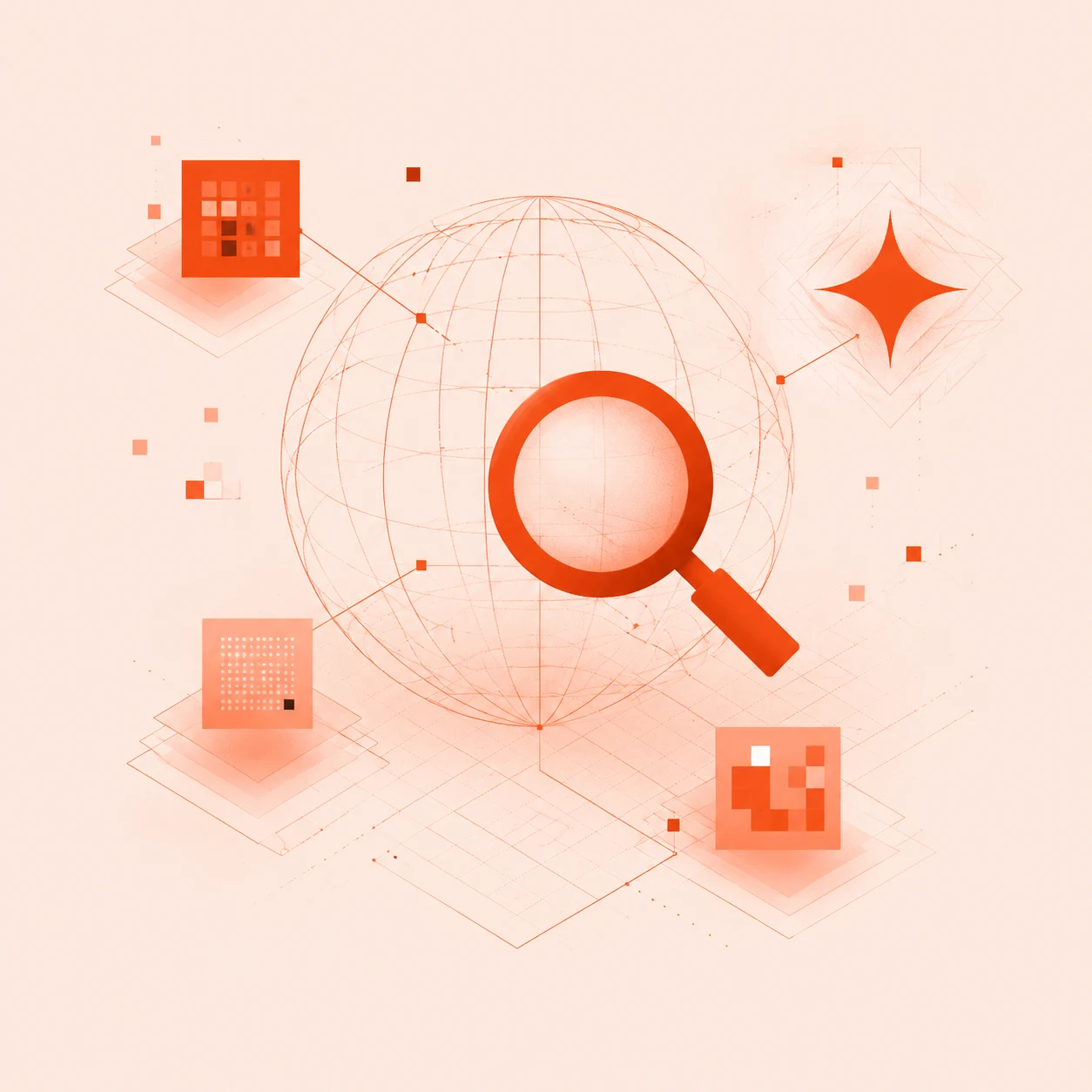 A search lens crossing a wireframe globe and connected information nodes