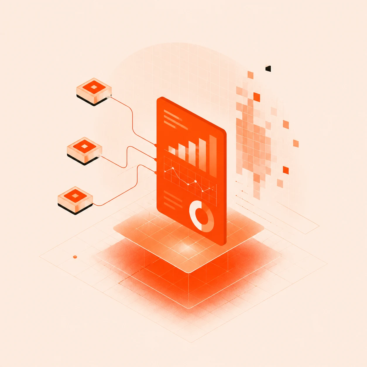 Data paths converging into a report with charts and a conversion ring